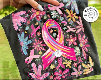 Breast Cancer Awareness PNG, Boho Hippie Floral, In October We Wear Pink, Cancer Patient Gifts, Support Squad Shirt, Coquette Ribbon