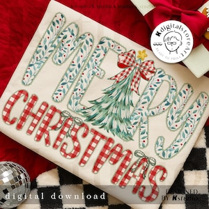 May include: A cream-colored rectangular design with the words "MERRY CHRISTMAS" in a festive font. The letters "MERRY" are adorned with blue leaves and red berries, while "CHRISTMAS" is in a red and white checkered pattern. A Christmas tree and bow complete the design.