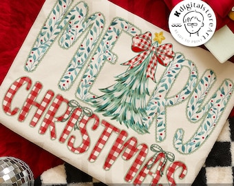 May include: A cream-colored rectangular design with the words "MERRY CHRISTMAS" in a festive font. The letters "MERRY" are adorned with blue leaves and red berries, while "CHRISTMAS" is in a red and white checkered pattern. A Christmas tree and bow complete the design.