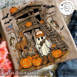 レトロなハロウィーンの鹿狩りのゴーストPNG、キャンディハンターPNG、迷彩ゴーストボーイPNG、ハロウィーン迷彩ボーイ、不気味なカボチャ、男の子の秋、秋の狩猟