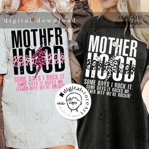 May include: Two gray and black t-shirts with a graphic print of a lightning bolt and the text "MOTHERHOOD" with a leopard print background. The text below the graphic says "Some days I rock it. Some days it rocks me. Either way we're rockin'."