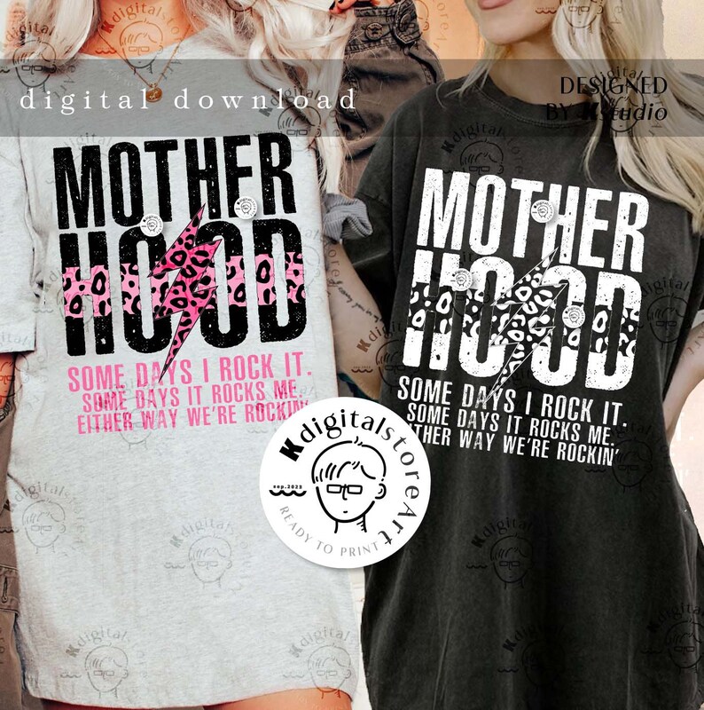 May include: Two gray and black t-shirts with a graphic print of a lightning bolt and the text "MOTHERHOOD" with a leopard print background. The text below the graphic says "Some days I rock it. Some days it rocks me. Either way we're rockin'."