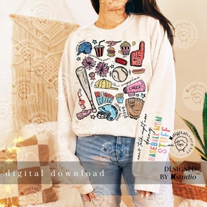 May include: A white sweatshirt with a colorful baseball-themed design. The design includes a baseball bat, a baseball glove, a baseball helmet, a baseball, a home run sign, and the words "Can't Talk Right Now, Doing Baseball Mom Stuff".