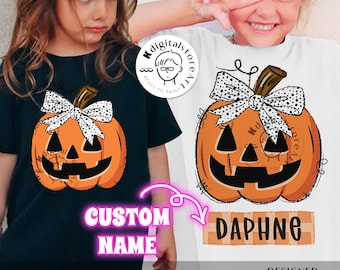 Halloween pompoen met gepersonaliseerde naam voor meisje (PNG), Halloween PNG, pompoen shirt voor peuter/kind, herfstdesign (PNG), Halloween PNG digitale download