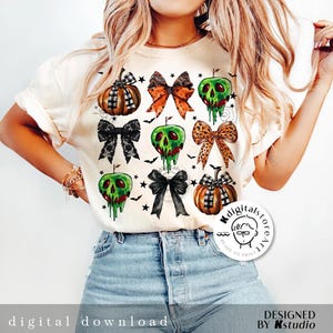 May include: Cream-colored t-shirt featuring a Halloween-themed design. The design includes various bows, green apple skulls, and pumpkins. The words "digital download" are at the bottom of the shirt.