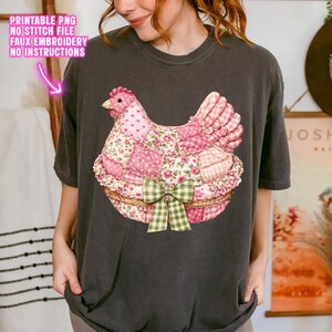 May include: Dark gray t-shirt featuring a patchwork chicken design in pink, white, and green. The chicken is in a basket with a green gingham bow. The text "PRINTABLE PNG NO STITCH FILE FAUX EMBROIDERY NO INSTRUCTIONS" is in the upper left corner.
