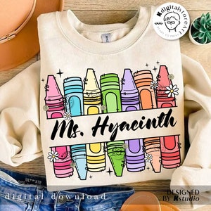 Retro Crayon Teacher Name Custom Design, Custom Name Of Teacher Png, Back To School Teacher Shirt Design, First Day School Png Sublimation