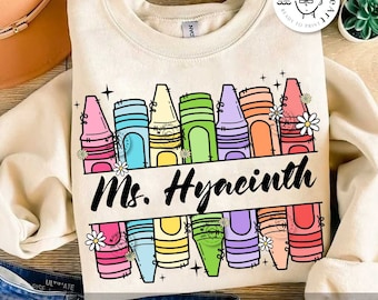 Retro Crayon Teacher Name Custom Design, Custom Name Of Teacher Png, Back To School Teacher Shirt Design, First Day School Png Sublimation
