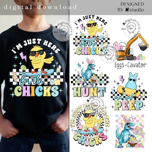 May include: A set of five digital designs featuring Easter-themed illustrations. The designs include a yellow chick on a skateboard, a blue dinosaur with a basket of eggs, a blue bunny with sunglasses on a skateboard, a yellow chick on a skateboard, and a yellow excavator with a basket of eggs. The designs are perfect for creating t-shirts, mugs, tote bags, and other merchandise.