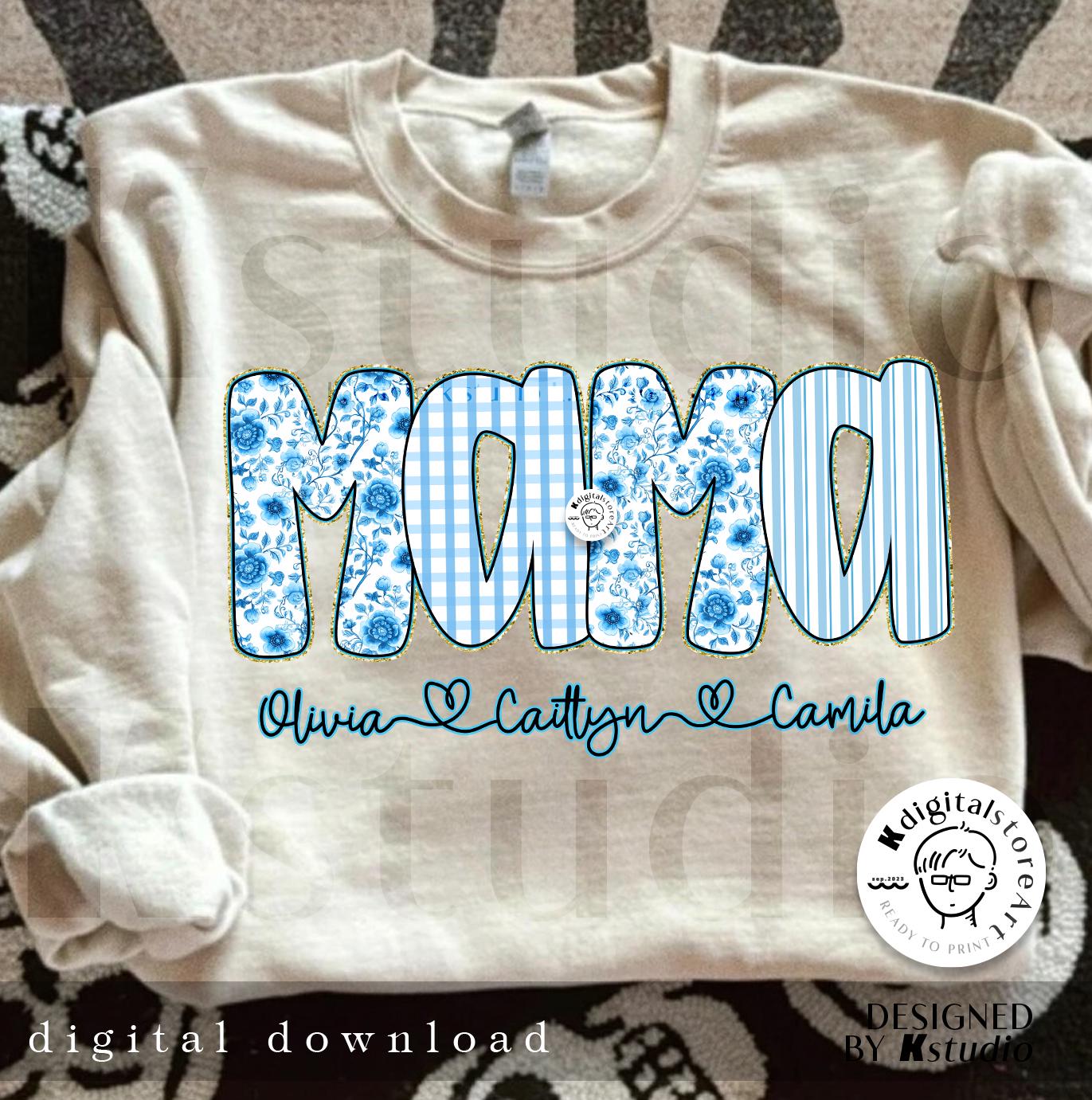 Blue Toile Rose Mama Custom Name Png, Rose Mom Design, Name Kid