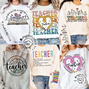 Op de afbeelding: Zes verschillende ontwerpen voor leraar-T-shirts. De ontwerpen bevatten kleurrijke tekst, illustraties van boeken, potloden, harten en bloemen. De tekst bevat het woord "Teacher" en zinnen als "helpen kleine geesten te groeien" en "de invloed van een goede leraar kan nooit worden uitgewist".
