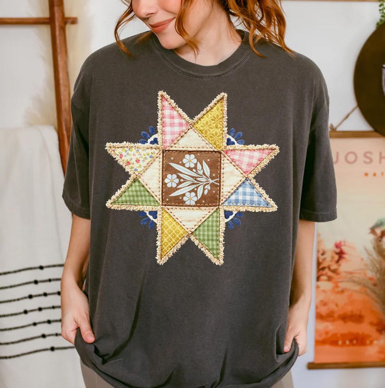 Vintage Inspired Quilted Star Png, Grandma Core Star Flower Png, 90s Inspired Quilt Png, Thrifted Decor Png, Granny Sweater Png, Trendy Png image 6