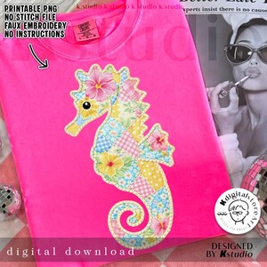 Faux Quilted Seahorse Png, Coastal Seahorse Shirt Design, Summer Patchwork Png, Hibiscus Sea Life Png, Trendy Cottagecore Seahorse Summer
