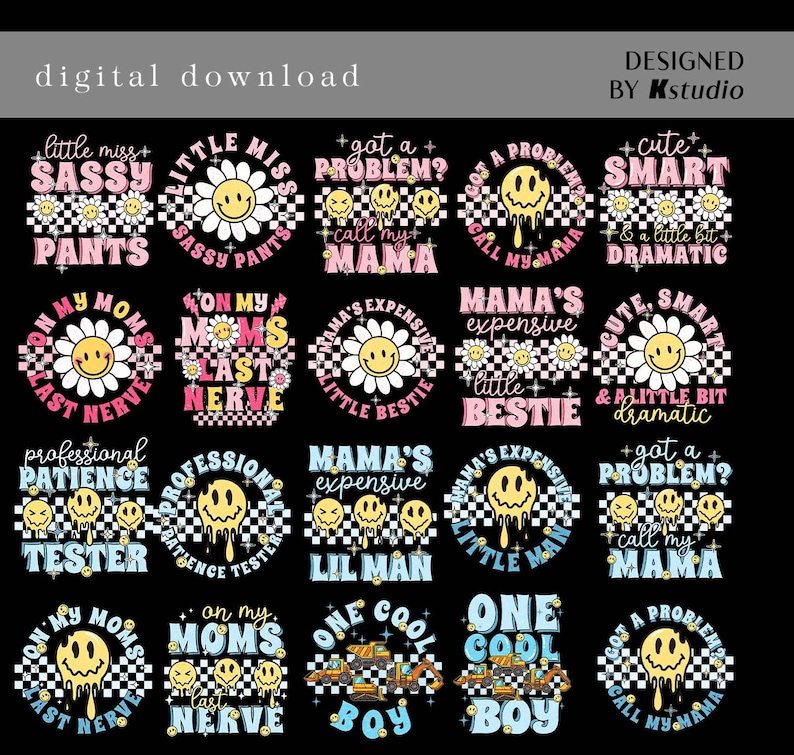 Pu&ograve; includere: Un set di 16 design digitali con varie frasi e grafiche. I design sono in stile retr&ograve; con colori vivaci e faccine sorridenti. Alcune delle frasi includono "Little Miss Sassy Pants", "On My Mom's Last Nerve", "Mama's Expensive Little Bestie", "One Cool Boy", e "Got a Problem? Call My Mama".