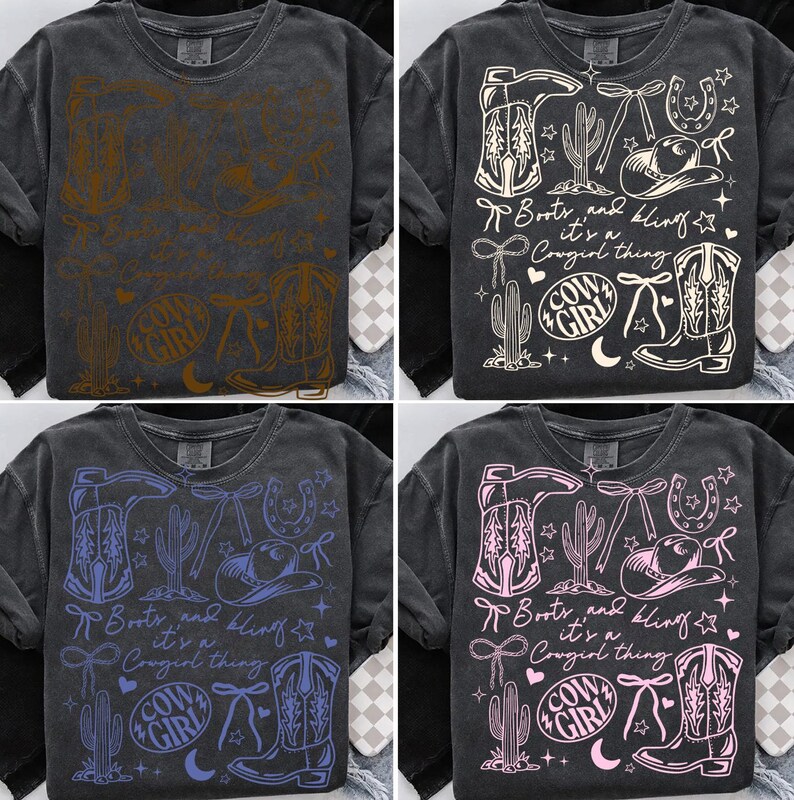 May include: A dark gray long-sleeve shirt with a distressed graphic design. The design includes cowboy boots, a cowboy hat, a horseshoe, and the text "Boots and bling it's a Cowgirl thing". The shirt also features a cactus and stars.