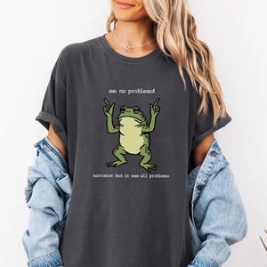 May include: Dark gray t-shirt featuring a cartoon frog with the text "me: no problemo!" above it and "narrator: but it was all problemo" below. The frog is green with a light green belly and is raising its arms.