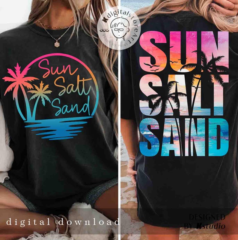 May include: Black t-shirt with a colorful graphic design that says "Sun Salt Sand" in a circle with palm trees. The back of the shirt has the same text in a vertical design with a sunset and palm trees.