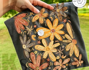 Calabaza floral otoñal bohemia, Calabaza otoñal floral, Otoño retro PNG, Lazo de flores otoñales, Hoja otoñal PNG, Diseño de camiseta con flores de calabaza otoñal