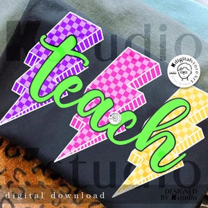 Checkered Teach Lightning Png, Checkered Varsity Teacher Png, Teacher Shirt, Teacher Png, Back School Teacher Png, Teacher Design Png Shirt