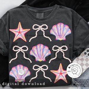May include: A black t-shirt with a design of pink, blue, and yellow seashells, starfish, and pearl necklaces with bows. The text "digital download" is at the bottom of the shirt.