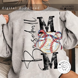May include: A gray sweatshirt with the word "MOM" in black with a baseball graphic and the word "Baseball" written vertically on the left side of the shirt.