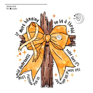 May include: A watercolour illustration of a wooden cross with an orange ribbon tied in a bow. The text around the cross reads "If you're hanging on by a thread make sure it's the hem of His garment. Matthew 9:20-22"
