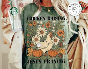 Retro Fall Chicken Hen Png, Chicken Raising Jesus Praying, Fall Farm Girl, Fall Shirt Png, Autumn Sublimation Design, Raising Chicken,Farmer