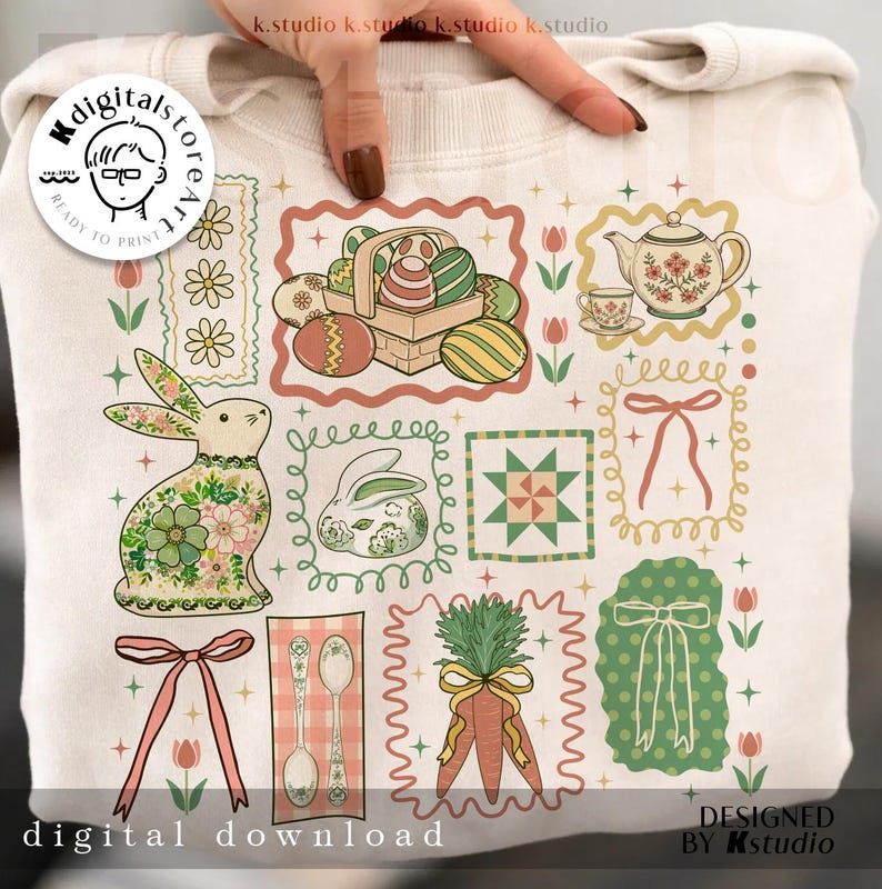 May include: A cream-colored sweatshirt featuring a collection of Easter-themed illustrations. Designs include a bunny, Easter eggs in a basket, a teapot, and carrots. The words "digital download" and "designed by k.studio" are also visible.