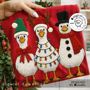 May include: Red fabric featuring three whimsical geese dressed for the holidays. One goose wears a green hat and red bow tie, another is adorned with a Santa hat and antlers, and the third is a snowman goose with a top hat and scarf. The text "digital download" and "DESIGNED BY Kstudio" are visible.