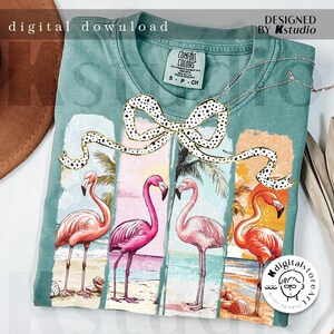 May include: A teal Comfort Colors t-shirt featuring a graphic of four flamingos on a beach, with a bow design. The words "digital download" and "Designed by Kstudio" are visible. The shirt is size S-CH.