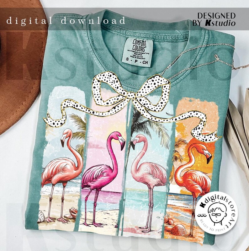 May include: A teal Comfort Colors t-shirt featuring a graphic of four flamingos on a beach, with a bow design. The words "digital download" and "Designed by Kstudio" are visible. The shirt is size S-CH.