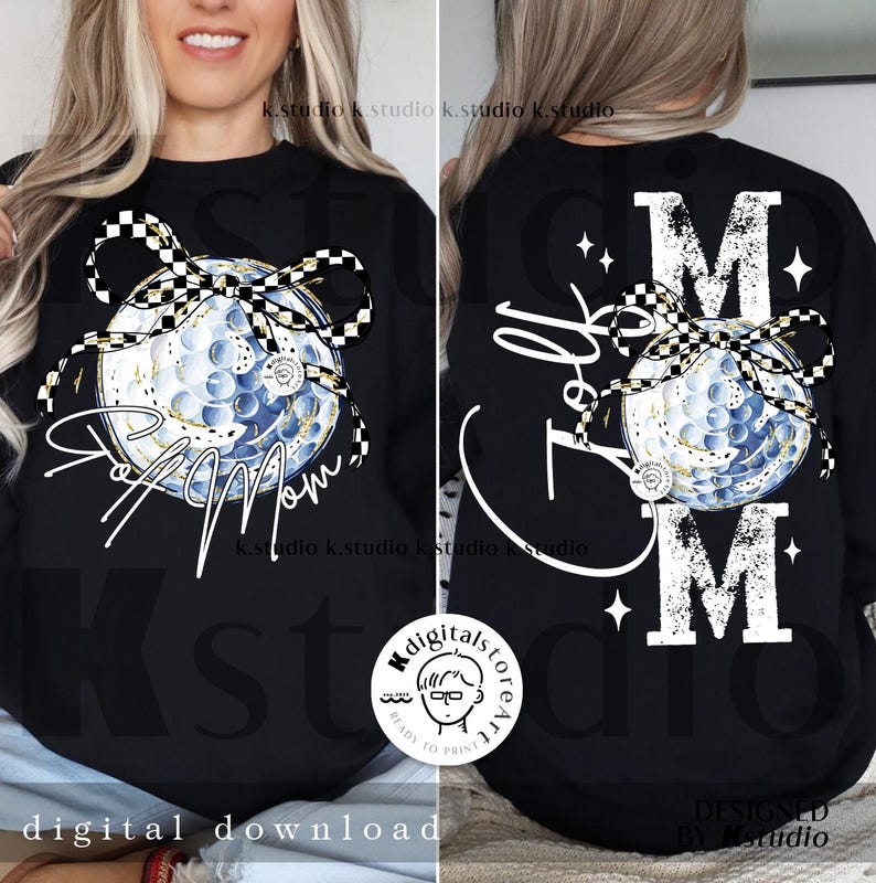 May include: Black sweatshirt featuring a golf ball design with a checkered bow and the words "Golf Mom" in white script. The back of the sweatshirt displays "Golf Mom" and the letter "M".