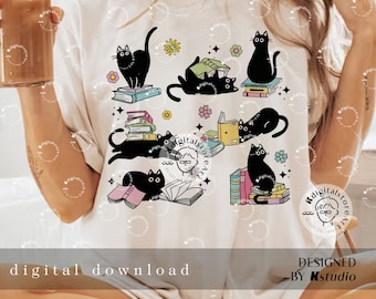 May include: A white t-shirt with a black cat design. The cat is surrounded by stacks of books and flowers. The text "digital download" is at the bottom of the shirt. The text "DESIGNED BY Kstudio" is at the bottom right of the shirt.
