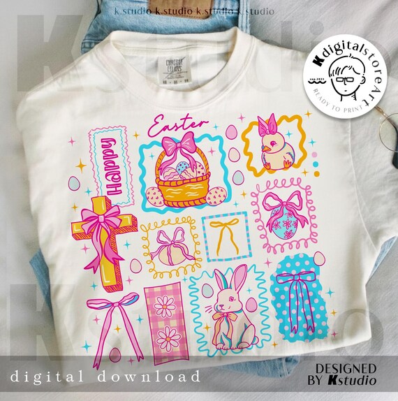 Happy Easter Day Doodle Png, Colorful Spring Icons Png, Easter Bunny Basket Cross Shirt Design, Coquette Easter Png, Trendy Easter Gifts Png