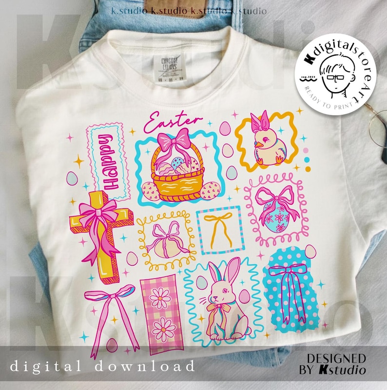 Happy Easter Day Doodle Png, Colorful Spring Icons Png, Easter Bunny Basket Cross Shirt Design, Coquette Easter Png, Trendy Easter Gifts Png image 1