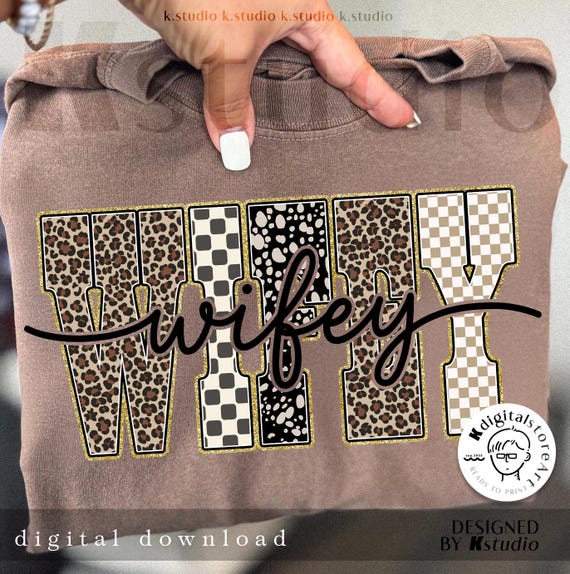 Preppy Wifey Png, Leopard Print Wifey Shirt Design, Checkerboard Wifey Png, Mother's Day Png, Trendy Gold Glitter Wifey, Western Wife Gift