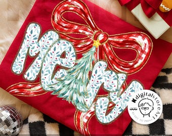 コケットメリークリスマスフローラルPNG、プレッピークリスマスリボンPNG、チェック柄の赤い格子縞の文字PNG、トレンディなクリスマスツリー、フェイクグリッター、花