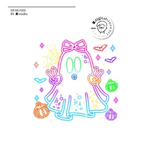 May include: A neon-style Halloween graphic featuring a friendly ghost making a peace sign. The ghost is outlined in vibrant colors, with pumpkins, bats, and stars. The design includes the text "DESIGNED BY Kstudio" and a logo.