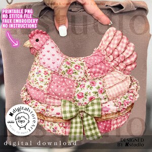 May include: A digital download featuring a faux embroidery design of a pink chicken with floral and heart patterns. The chicken has a green and white checkered bow. The design is labeled "PRINTABLE PNG" and "digital download".