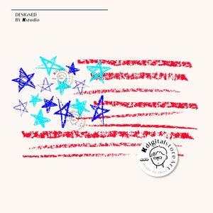 May include: A red, white, and blue American flag drawn with crayon-like strokes. The flag is surrounded by blue and turquoise stars. The image includes the text "Kelligitalstore" and "Ready to Print".