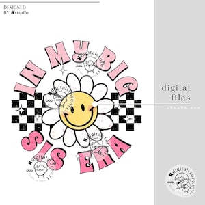 May include: Pink and black graphic design with the text "In My Big Sis Era" in a circle around a yellow smiley face daisy.