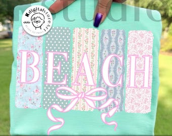 Preppy Beach Png, Shabby Chic Beach Png Design, Vintage Floral Patchwork Png, Beach Bow Png, Trendy Summer Vacation Png, Retro Pastel Beach