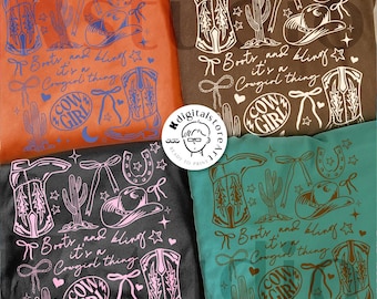 May include: Four t-shirts in orange, brown, charcoal, and teal, each featuring a Western-themed design. The design includes cowboy boots, a cowboy hat, a horseshoe, a cactus, and the text "Boots and bling, it's a Cowgirl thing."