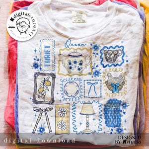 May include: White t-shirt with a collection of vintage-style illustrations in blue and gold, including a teapot, teacup, and a framed lemon branch. The word "THRIFT" is displayed. The text "digital download" is also visible.