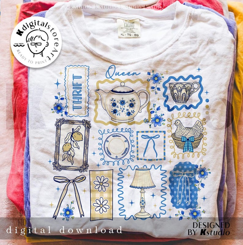 May include: White t-shirt with a collection of vintage-style illustrations in blue and gold, including a teapot, teacup, and a framed lemon branch. The word "THRIFT" is displayed. The text "digital download" is also visible.