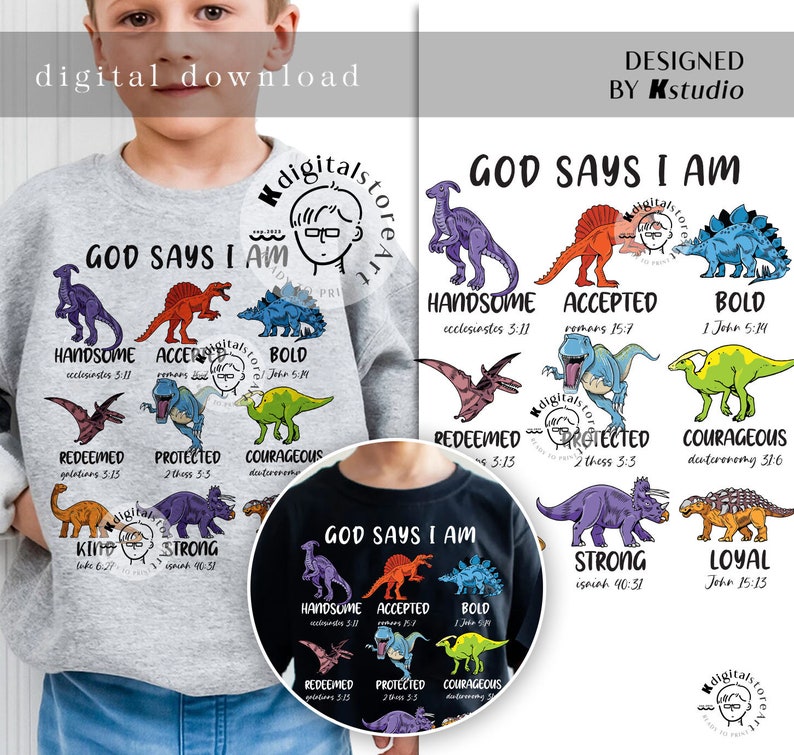 Może przedstawiać: Dwie szare i czarne koszulki z motywem dinozaur&oacute;w. Koszulki zawierają tekst "B&oacute;g m&oacute;wi, że jestem" i r&oacute;żne dinozaury z wersetami biblijnymi. Koszulki są przeznaczone dla dzieci.