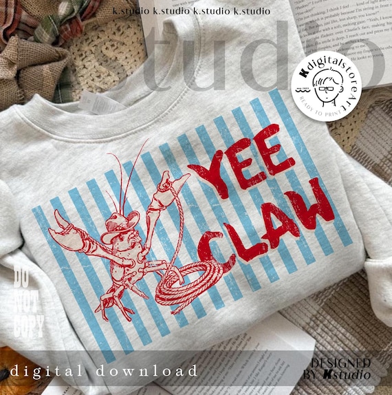 Yee Claw Lobster Png, Funny Cowboy Lobster Shirt Design, Western Coastal Png, Retro Blue Striped Sea Animal Png, Crawfish Lasso Gift Png