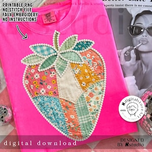 Fresa de verano PNG, diseño de camiseta de bayas shabby chic, fresa de patchwork floral PNG, fruta de verano PNG, perla de verano cottagecore de moda
