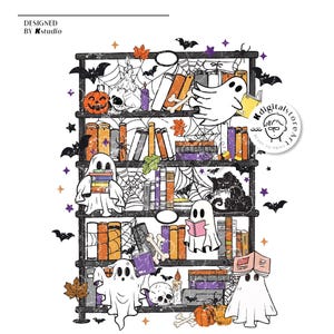 May include: A Halloween-themed illustration of a bookshelf filled with books, ghosts, pumpkins, bats, and spiderwebs. The design includes the text "DESIGNED BY Kstudio" and a digital art logo. The color palette features orange, purple, black, and white.