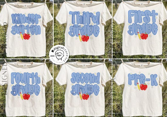 Grade Level PNG, Blue Gingham Teacher Grade Sublimation Design, Kindergarten First Second Third Fourth Pre-K Digital Download PNG File
